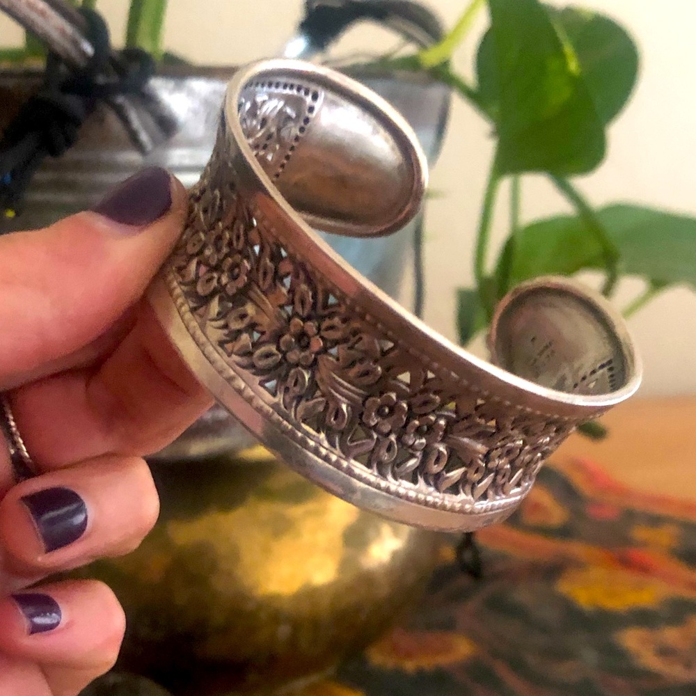 GENUINE 925 SILVER FLORAL CUFF BRACELET BANGLE
